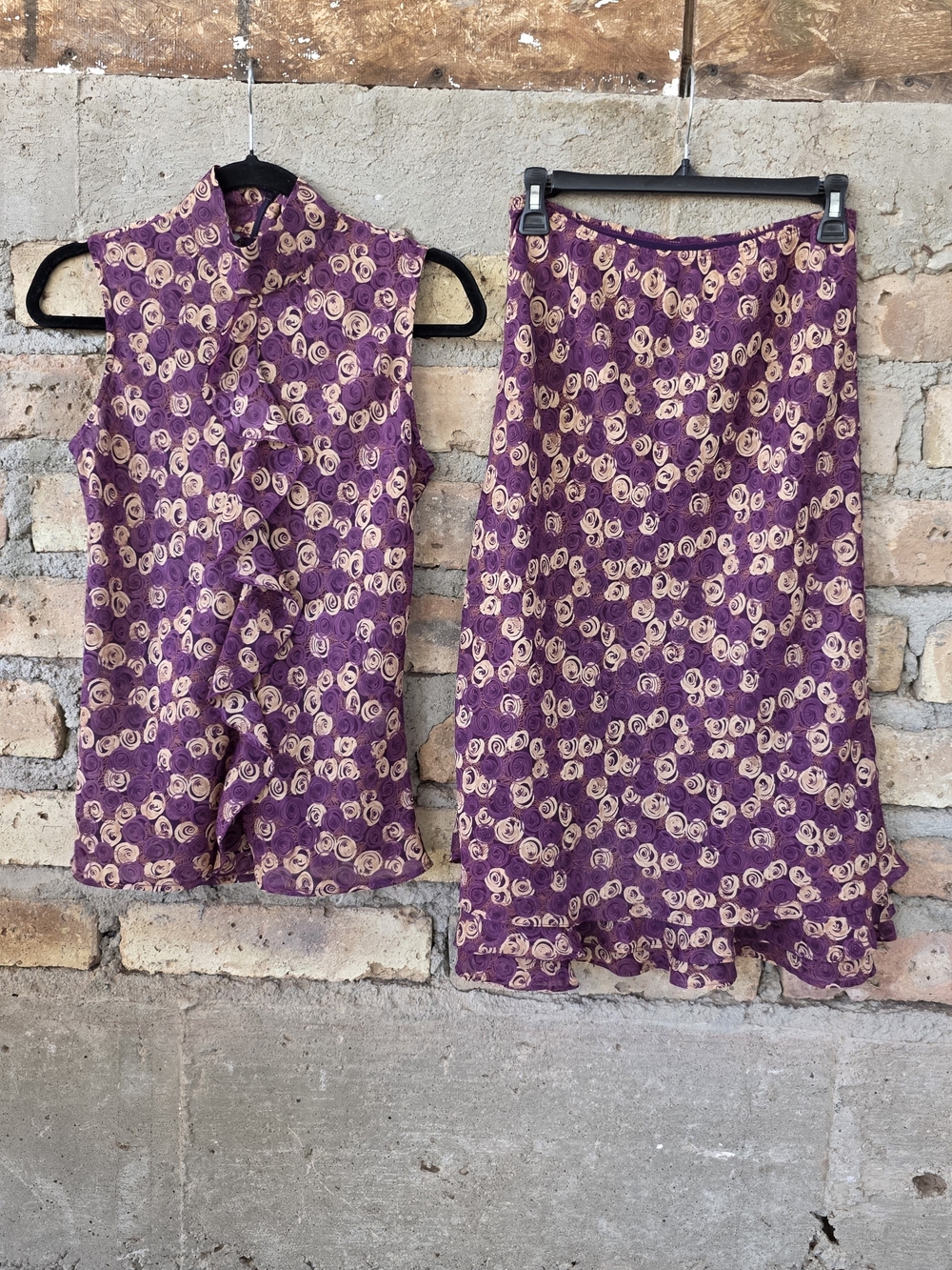 LOB Collection Vintage Style 2-Piece Set -Purple Rose Ruffle Top & Skirt - Small